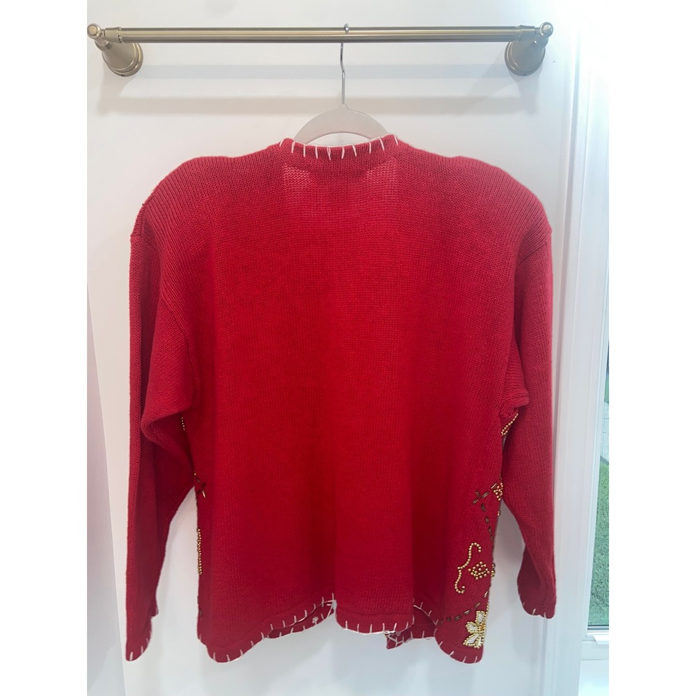 Victoria Harbour Vintage Red Beaded Cardigan Sweater Gold Floral Medium - Picture 4 of 6